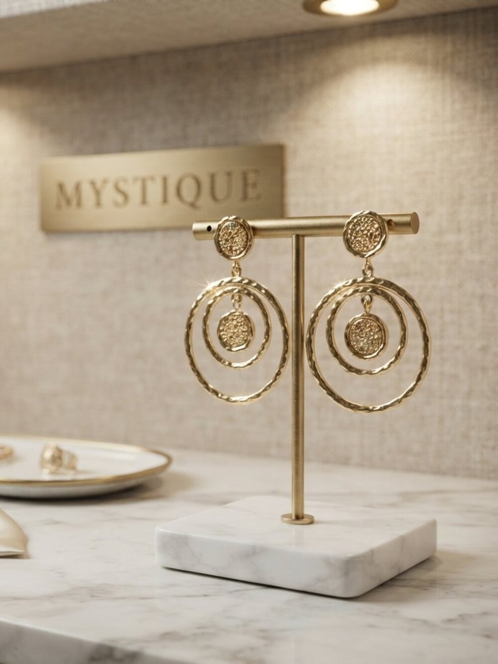 Mystique Gold Hammered Double Hoop Statement Drop Earrings 2"